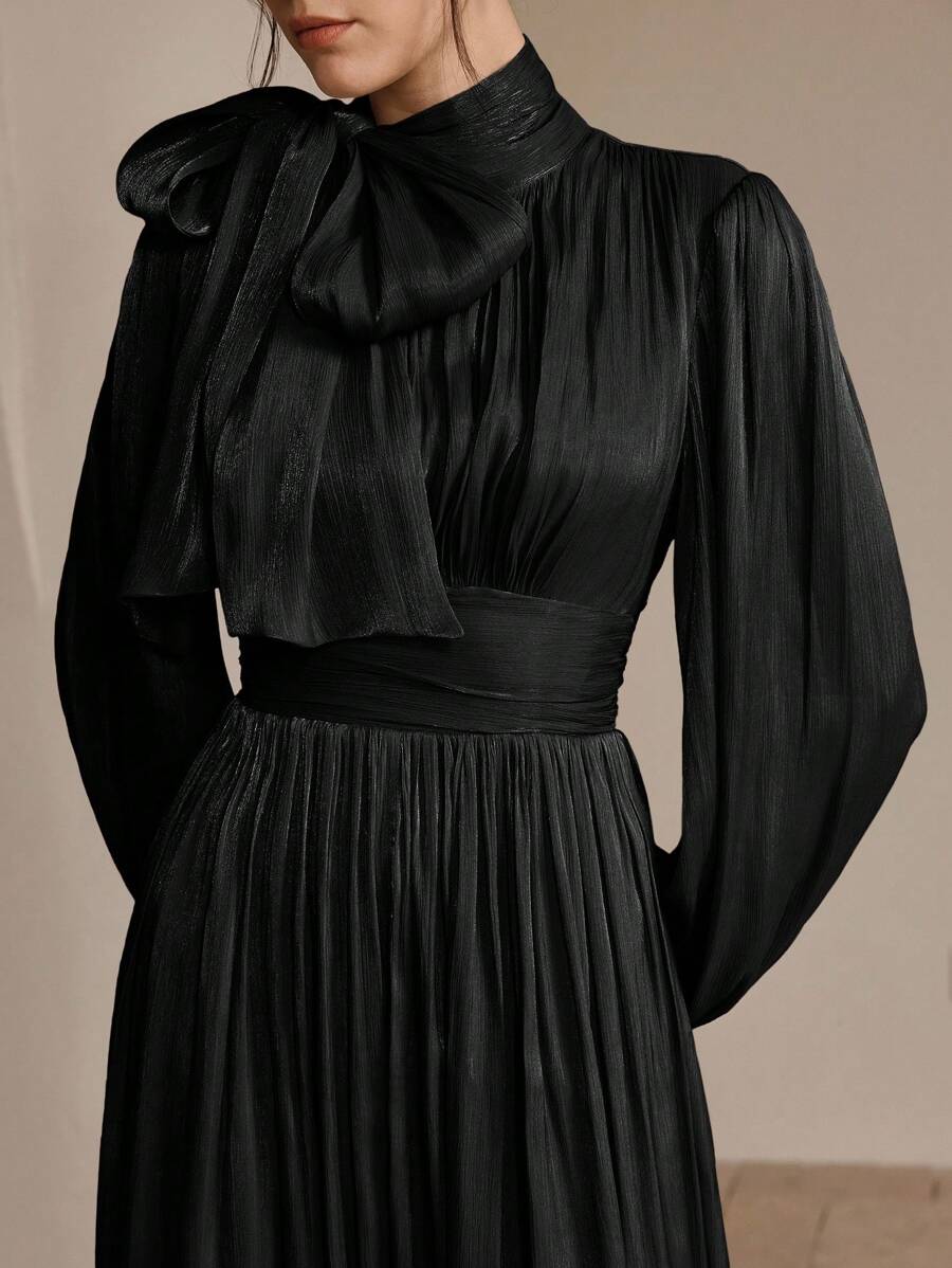 Anewsta Women's Long Dress With Waist Pleats, Shiny And Elegant, Versatile For Spring And Autumn