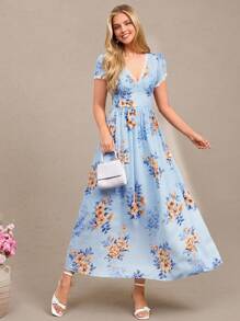 Amorya 女士V领蕾丝拼接雪纺束腰花卉印花长裙，优雅高端感，适合度假、约会、下午茶等各种场合 - 彩色 - 查看 7