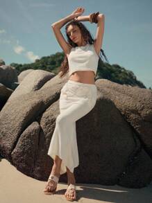 Elaire Conjunto de falda y cubrecuerpo con borde asimétrico de punto con estampado de estrellas, ideal para vacaciones de verano y playa para mujeres - Beis - Ver 7