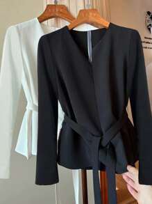 SHEIN Clasi 女士纯色长袖打结腰优雅衬衫 - 黑色 - 查看 5