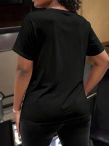 Maweii Große Größen Rundhals Lässig Kurzarm T-Shirt mit Kronen Grafik-Muster - Schwarz - Übersicht 2