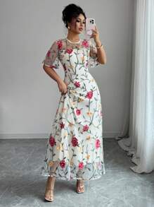 Elenzga Váy lưới thêu hoa hồng in họa tiết lá thanh lịch giản dị dành cho nữ - Nhiều màu - Xem 3