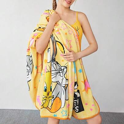 LOONEY TUNES X SHEIN 黄色卡通字母印花法兰绒方毯，春/冬