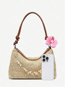 ROMWE Fairycore Túi đeo vai chéo cho nữ, họa tiết hoa, sợi raffia, hình vỏ sò, phong cách bãi biển, sức chứa lớn, thích hợp cho kỳ nghỉ và mua sắm - Màu be - Xem 4