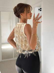 Siren Gaze Women Sheer Sequins Decor Tank Top, For Party Summer - Apricot - View 2