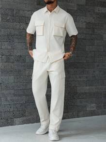 Manfinity Homme Men's Summer Casual Simple Flap Pocket Short Sleeve Shirt And Pants Set Men Two Piece Set,Men 2 Piece Set,Men Summer Outfits - Apricot - View 3