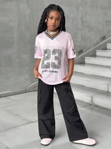 SHEIN Lässiges Street-Fashion-Sweatshirt für Tween-Mädchen mit Leopardenmuster und Buchstabenmuster und passendem, lässigem Hosenset, passende Outfits für Mama und mich (2 Teile separat erhältlich)