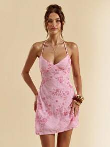 SHEIN BAE 春夏纯粉色亮片露背系带度假迷你连衣裙，优雅连衣裙，伴娘短款鸡尾酒会礼服，适合度假、海滩、音乐节、生日、早午餐、婚礼宾客着装 - 淺粉色 - 查看 3