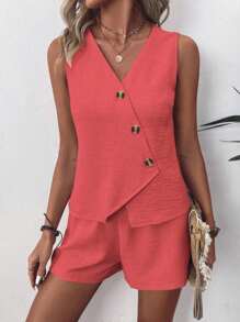 EMERY ROSE 2 Pieces Women Solid Color Sleeveless V-Neck Top And Shorts Set - Watermelon Pink - View 5