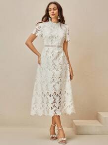 Anewsta Women's Elegant French Style Hollow Lace Embroidery Waist Dress, Summer - Apricot - View 4