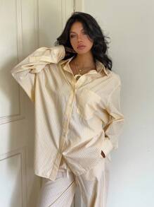 SHEIN EZwear قميص كاجوال طويل الأكمام للنساء بجيب أمامي وطباعة مخططة - أصفر - مشاهدة 9