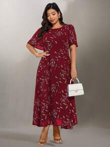 Flouryn Women Summer Plus Size Elegant Burgundy Chiffon Printed A-Line Maxi Dress,Autumn Wedding Guest Mal ,Easter Tea Party Vacation Spring Fall Dresses - Multicolor - View 6