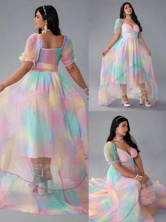 Lyrianda Plus Size Summer Puff Sleeve Diamond Neck Beach Vacation Organza Elegant Sweet Cute Ombre Print Maxi A-Line Dress For Women