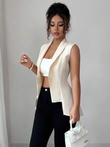 Elenzga Áo khoác không tay cổ chữ V màu mơ thắt eo thiết kế viền bất đối xứng cho nữ - Màu be - Xem 5