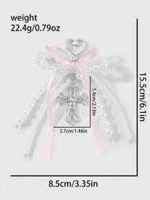ROMWE Kawaii 1 pezzo Ciondolo versatile, delicato e dolce in stile Y2K, di alta qualità, realizzato a mano con perle, fiocco di nastro e croce di cristallo cava, adatto come portachiavi o decorazione per borse, adatto per donne/ragazze, per uso quotidiano o come regalo