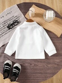SHEIN Vintaside Kids Áo thun polo tay dài màu trắng trơn đơn giản cho bé trai, thích hợp cho mùa xuân/thu - trắng - Xem 2