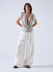 LYSMO Áo hai dây xếp ly cổ chữ V sâu gợi cảm đơn giản mùa hè cho nữ - Xám - Xem 5