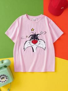 LOONEY TUNES X SHEIN Tween Girl Cartoon Cat Pattern Round Neck Short Sleeve T-Shirt Kids Cartoon Graphic Tee Sylvester The Cat Tops - Pink - View 1