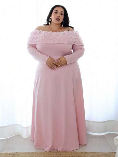 Pretty and Ole Romantic Date  Plus Size Women Elegant Stretch Colorblock Floral Applique Off-Shoulder Fitted Dress, Spring/Autumn Maxi Women Outfit