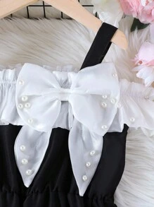 SHEIN Elladie kids Young Girl One-Piece Pearl Lace Trim Bowknot Camisole Jumpsuit With Matching Stylish Crossbody Bag, Fashionable & Sweet Girls Black Jumpsuit Girls Jumpsuit Girls Romper Kids Jumpsuit Teen Jumpsuit Summer Holiday - Black - View 7