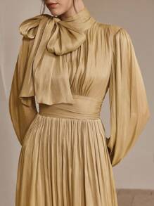 Anewsta Đầm dài nữ xuân/thu, xếp ly eo, bóng bẩy, thanh lịch và đa năng - trái cam - Xem 5