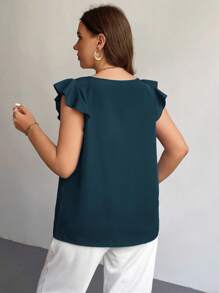 Firerie Plus Size Elegant Commuter Women's V-Neck Ruffle Cap Sleeve Red Festive Minimalist Summer Blouse, Teacher Summer Shirt Spring - Teal Blue - View 2