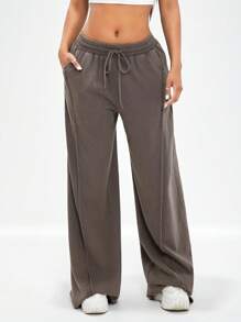 Radiana 复古水洗棕色休闲宽松低腰阔腿裤，美式街头风超大超长裤 - 棕色 - 查看 6