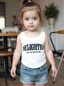 Baby Girls Cute Versatile Letter Print Sleeveless Camisole Top, Suitable For Summer