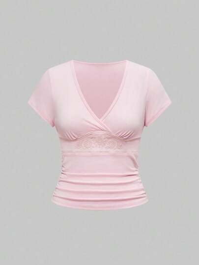 Hippie Summer Beach Holiday Party Music Festival Vintage Floral Embroidered Elastic Short Sleeve Fitted Brown T-Shirt For Women