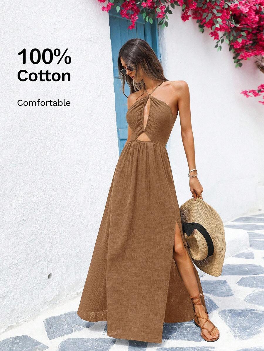 Vivid Eden 女士休闲度假黑色 100% 纯棉串珠长裙，交叉露背设计，女士夏季服装，度假服装，波西米亚风女装，狂欢节服装，女士沙滩服装 - 黑色 - 查看 1