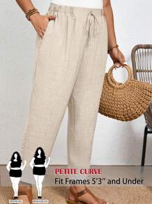 SHEIN PETITE CURVE Plus Size Solid Color Casual Trousers With Elastic Waist And Diagonal Pockets Women Pants Elastic Waist Pants, Suitable For People Of Shorter Stature,Business Casual Woman, Wearable In All Seasons