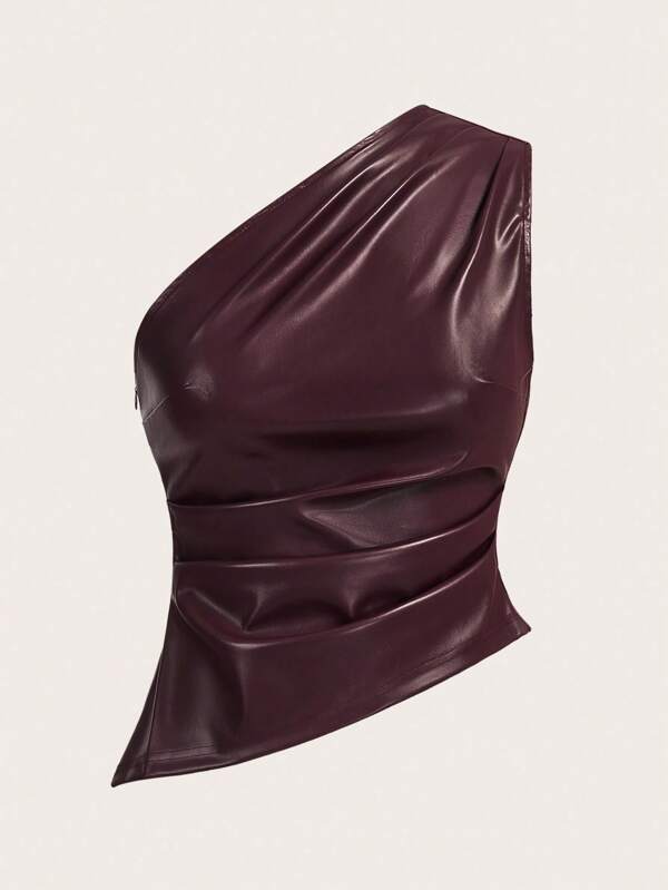 SHEIN X Belinda Siren Gaze Top de mujer de un solo hombro de PU con plisados en la cintura color borgoña, top estilizador de la cintura para mujeres