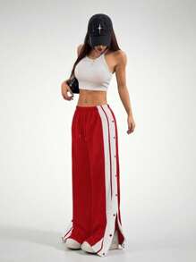 SHEIN PETITE 女士休闲侧条纹纽扣开衩直筒阔腿运动裤，秋季毕业季，返校季，毕业典礼，教师，返校季 - 紅色 - 查看 1