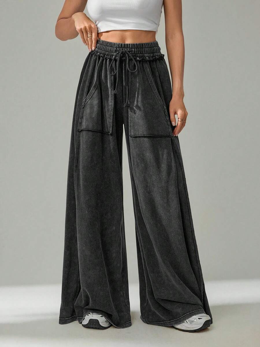 SHEIN Tall 女士做旧松紧腰抽绳宽松休闲低腰长裤，夏季 - 黑色 - 查看 1