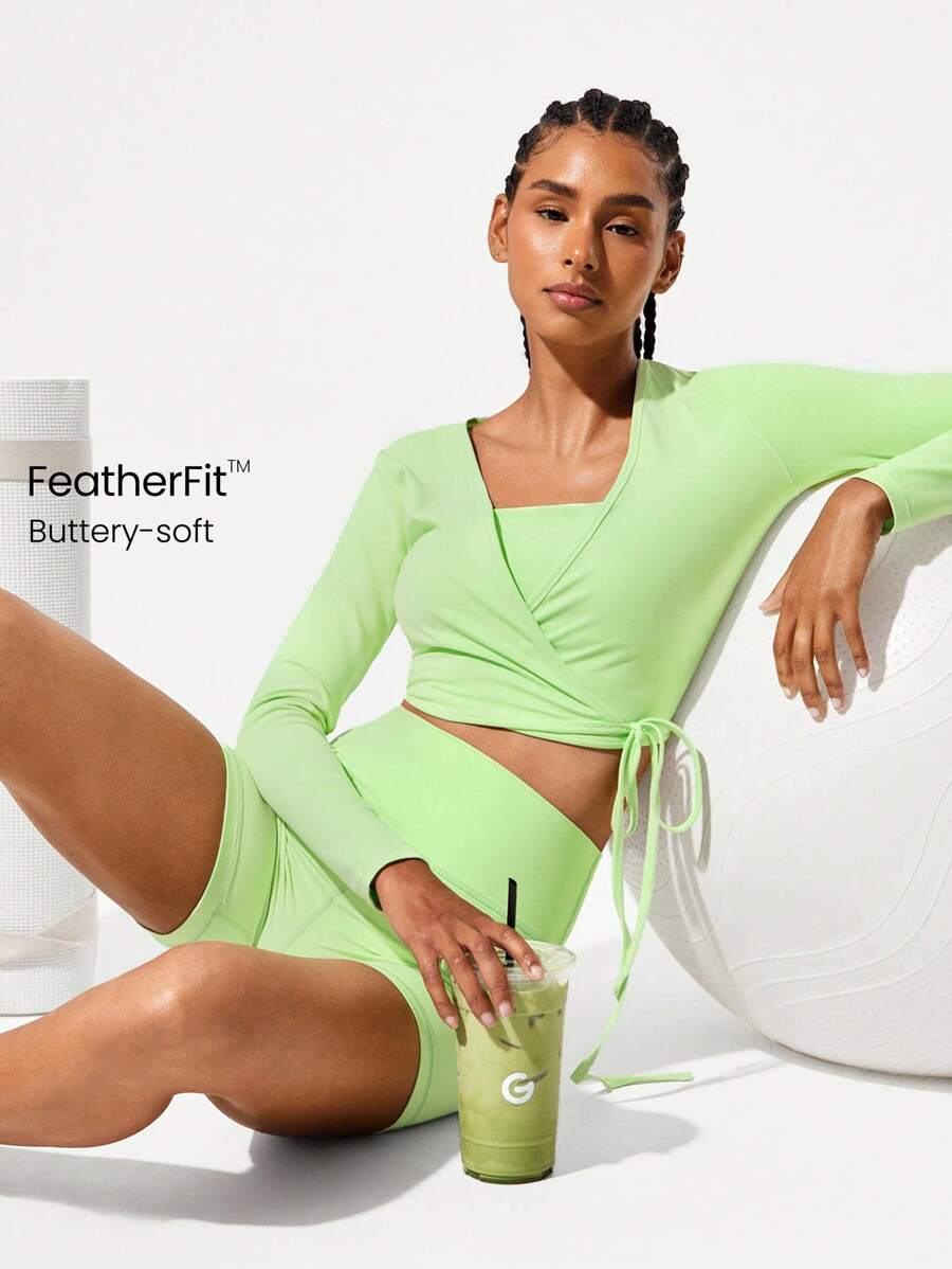 GLOWMODE FeatherFit™ Tie Waist Wrap V Neck Cropped Long Sleeve Top Low Impact Yoga Daily Summer