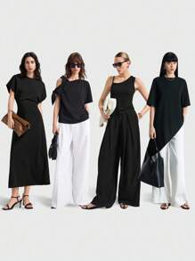 Ontre 2025 年夏季新款超大码黑色圆领短袖 T 恤，女士休闲日常针织 T 恤，度假 - 黑色 - 查看 3