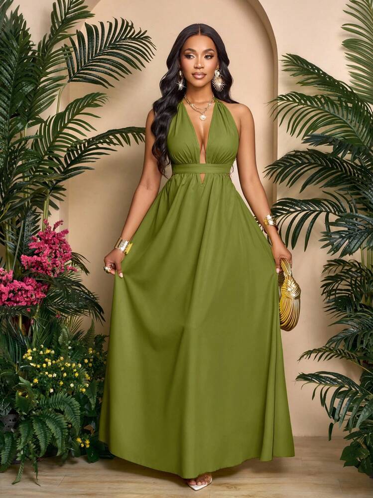 green halter backless maxi dress Green Halter Deep V Backless Maxi Dress main image 0