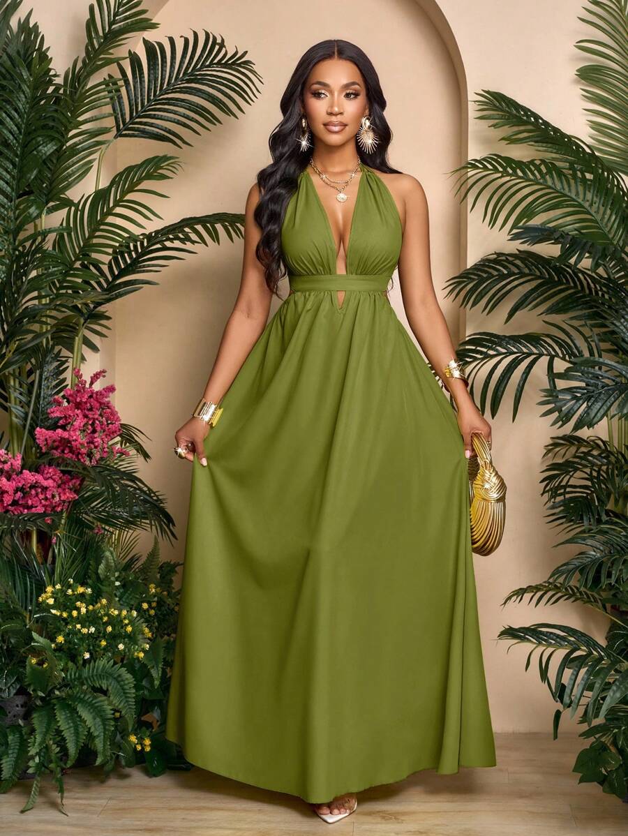 SOLERSUN Vestido Longo Mulher Cor Sólida Decote em V Halter Férias Praia Amarrações Cruzadas Costas Abertas Vestido de Férias Roupas de Praia - Verde Militar - Visão 1