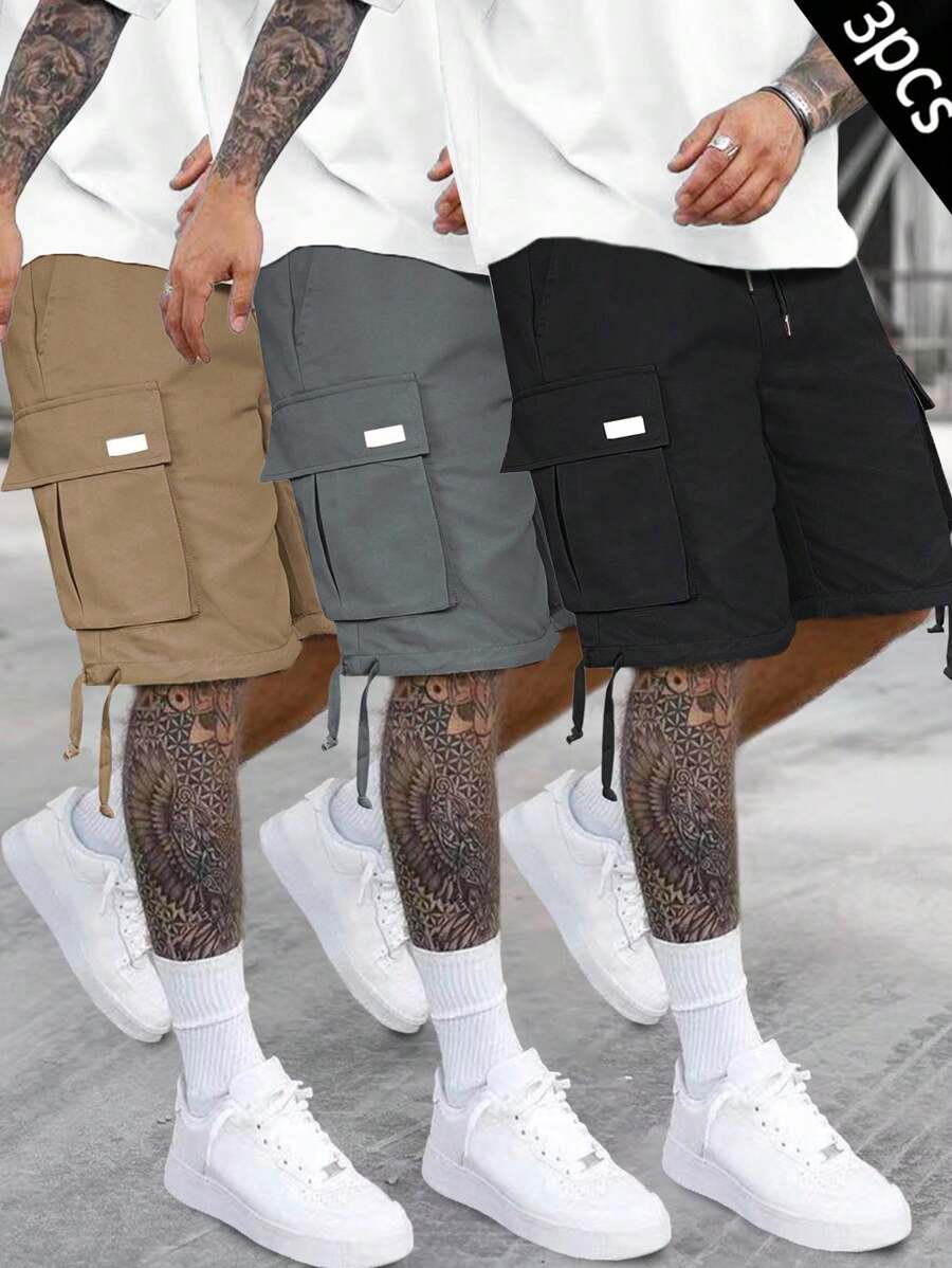 Manfinity Homme 3pcs Men's Casual Street Style Flap Pocket Drawstring Waist Cargo Shorts, Summer - Multicolor - View 1