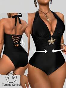 Shapewave Bộ đồ bơi một mảnh họa tiết sao biển thanh lịch dành cho nữ, ngày lễ mùa hè - màu đen - Xem 2