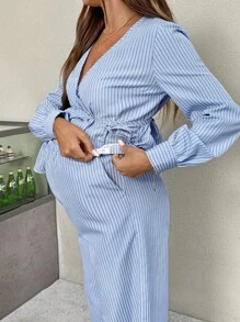 SHEIN 2件套孕妇条纹衬衫和可调节腰围阔腿裤 - 藍白色 - 查看 5