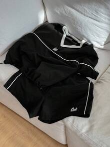 DAZY Damen Kontrast V-Ausschnitt Loose Zweiteiler Lässig anzug