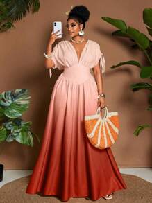 Maweii 优雅渐变印花设计系腰V领A字形休闲主教袖长裙，女式加大码，适合度假、海滩、音乐节、春夏季 - 彩色 - 查看 1