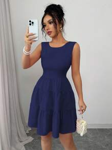 Elenzga 女士优雅纯色珍珠链蝴蝶结装饰连衣裙 - 寶藍色 - 查看 6