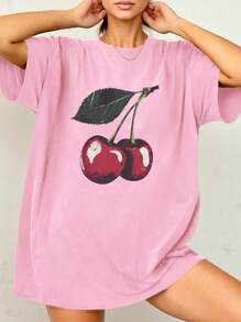 SHEIN Plus Size Women's Round Neck Cherry Pattern Loose Raglan T-Shirt - Pink - View 1