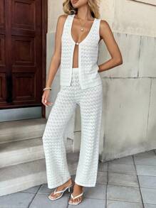 2 peças/Conjunto Mulher Férias Cor Sólida Torção Bainha Regata Tricô e Calça Longa Conjunto - Bege - Visão 4
