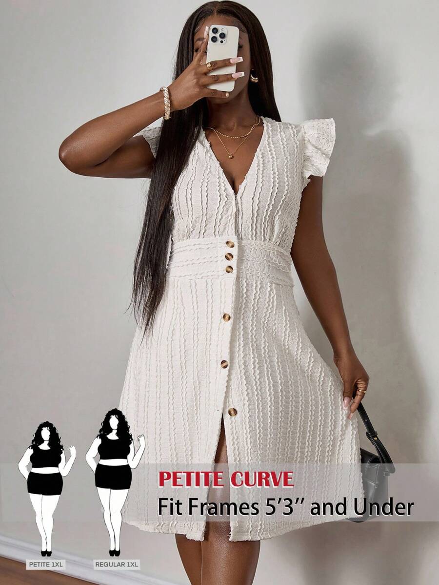 SHEIN PETITE CURVE Plus Size Summer Casual Solid Color Textured Front Button Dress, Summer Outfits For Women, Suitable For People Of Shorter Stature - Apricot - View 1