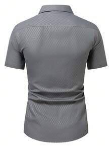 Manfinity Mode 男士休闲菱形图案短袖衬衫，夏季男士短袖正装衬衫 - 深灰色 - 查看 2