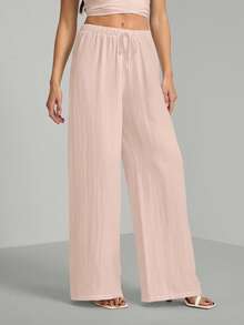 SHEIN Tall Loose Drawstring Waist Trousers In Textured Crinkle Fabric Pink Pants