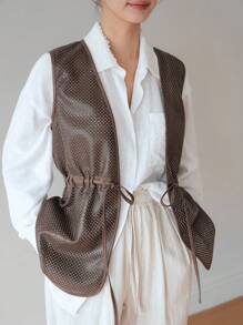 Dazy-Less Chaleco de mujer de PU perforado con cordón y cintura con lazo, ropa de exterior casual para primavera, verano y otoño, ropa de trabajo casual para mujer